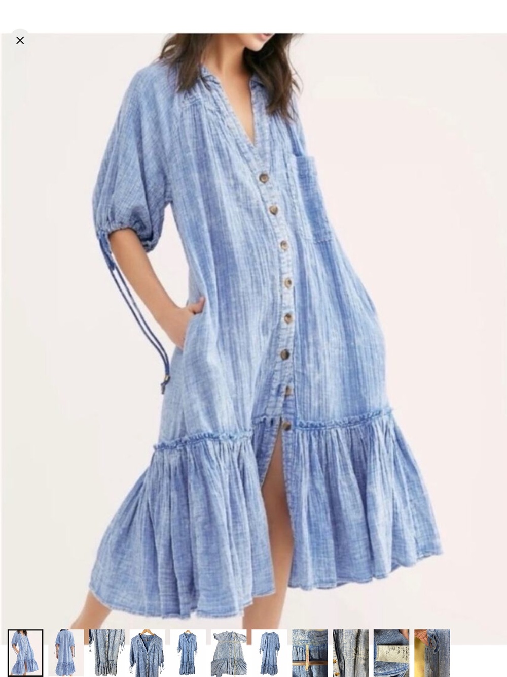 Light Blue Button-Front Tiered Midi Dress